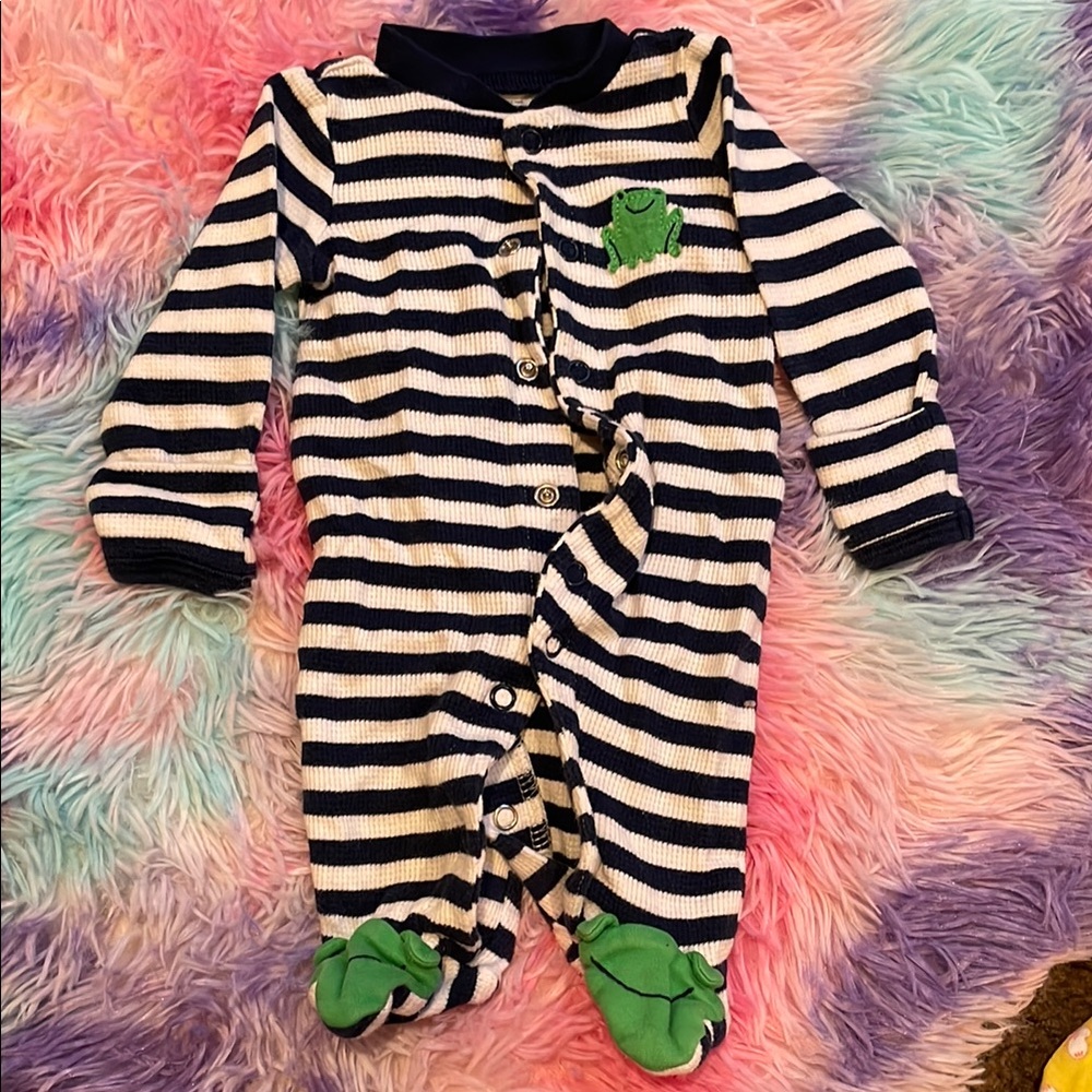 Blue and White Footie One Piece with Built-in Feet
